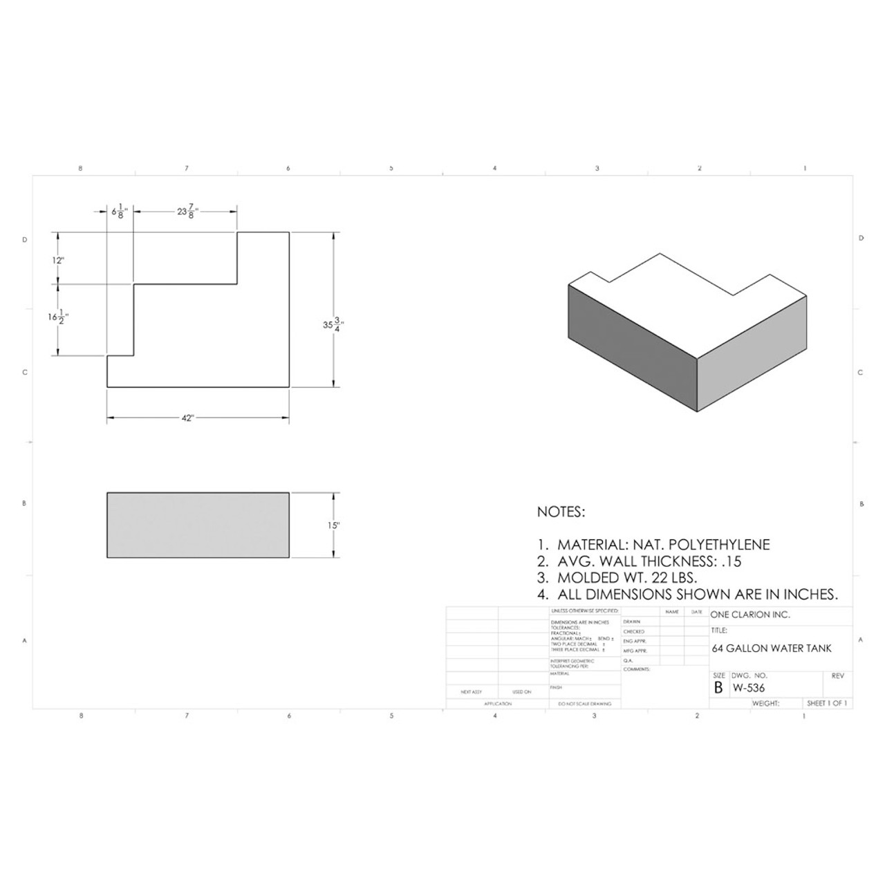 64 Gallon Marine Water Tank MW-536. Technical drawing of a polyethylene water tank designed for marine vessels.