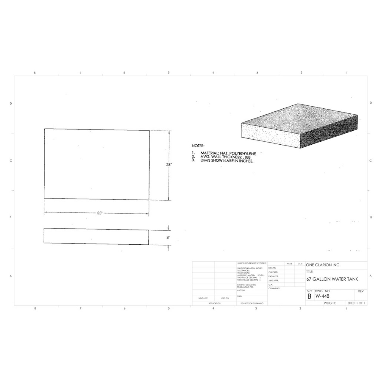 67 Gallon Marine Water Tank MW-448. Technical drawing of a polyethylene water tank designed for marine vessels.