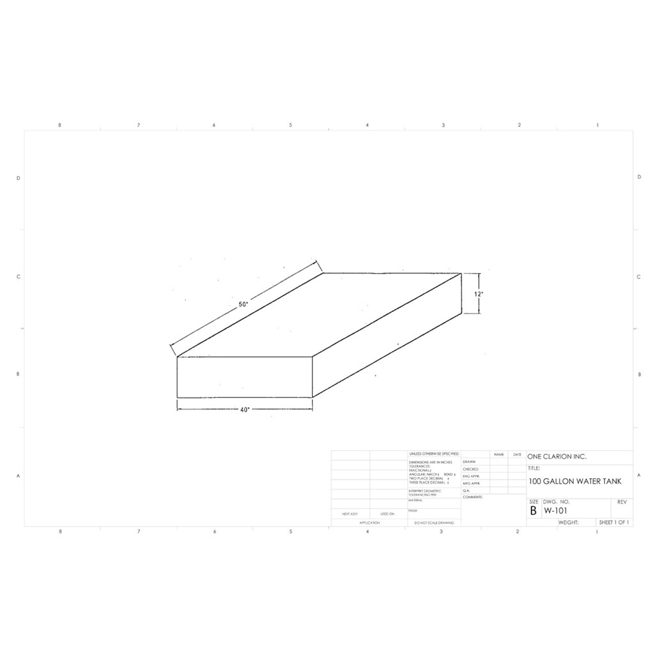 100 Gallon Marine Water Tank MW-101. Technical drawing of a polyethylene water tank designed for marine vessels.