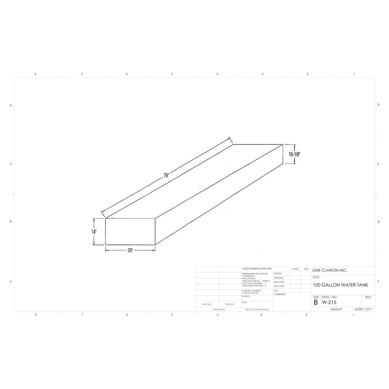 100 Gallon Marine Water Tank MW-215. Technical drawing of a polyethylene water tank designed for marine vessels.
