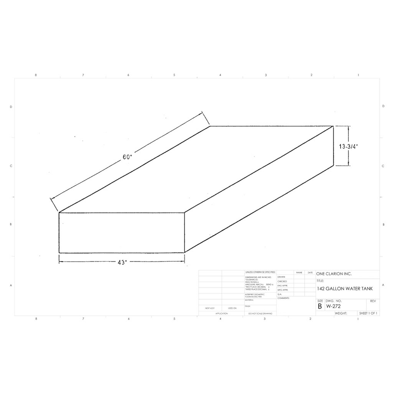 142 Gallon Marine Water Tank MW-272. Technical drawing of a polyethylene water tank designed for marine vessels.
