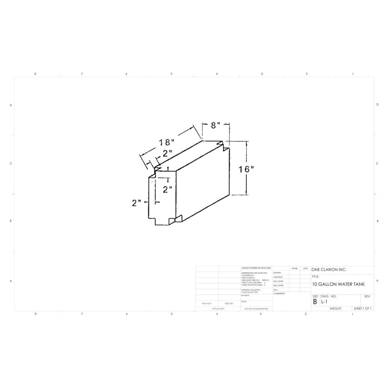 10 Gallon RV Water Tank L-1. Technical drawing of a polyethylene water tank designed for your rv.