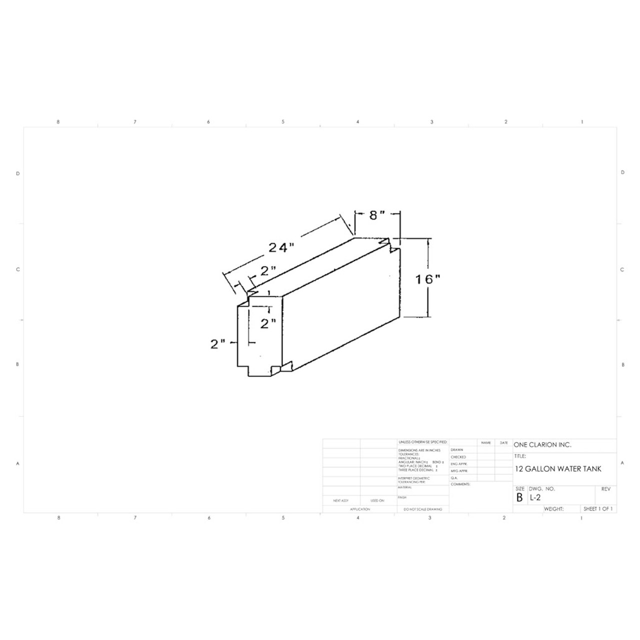 12 Gallon RV Water Tank L-2. Technical drawing of a polyethylene water tank designed for your rv.