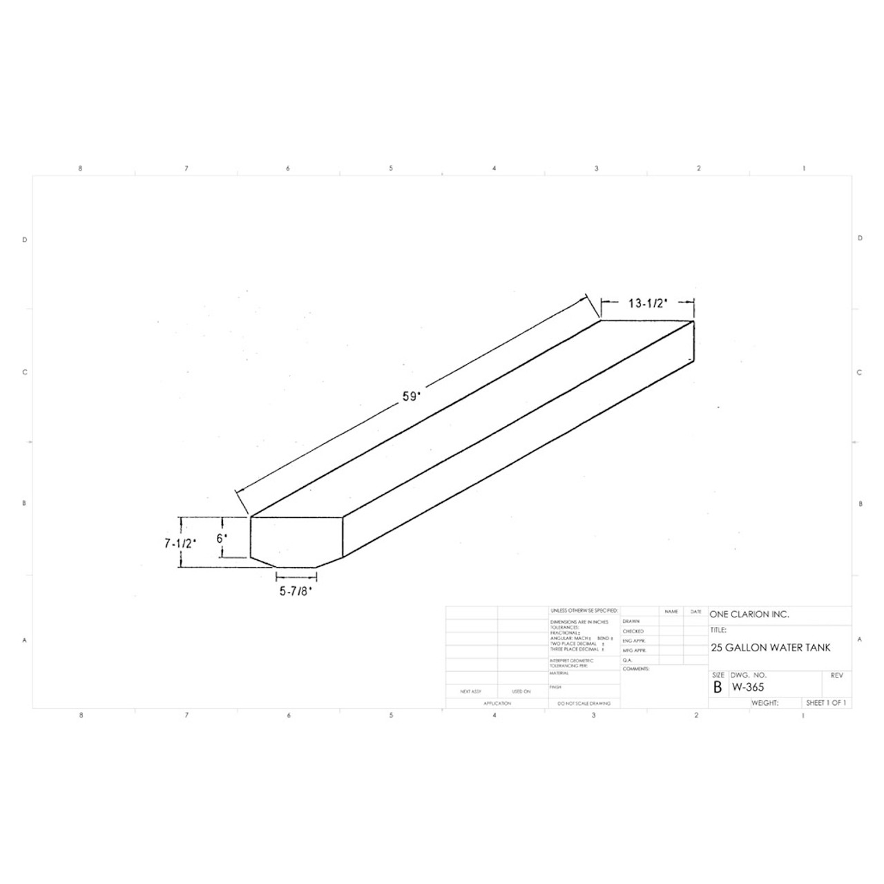 25 Gallon RV Water Tank W-365. Technical drawing of a polyethylene water tank designed for your rv.