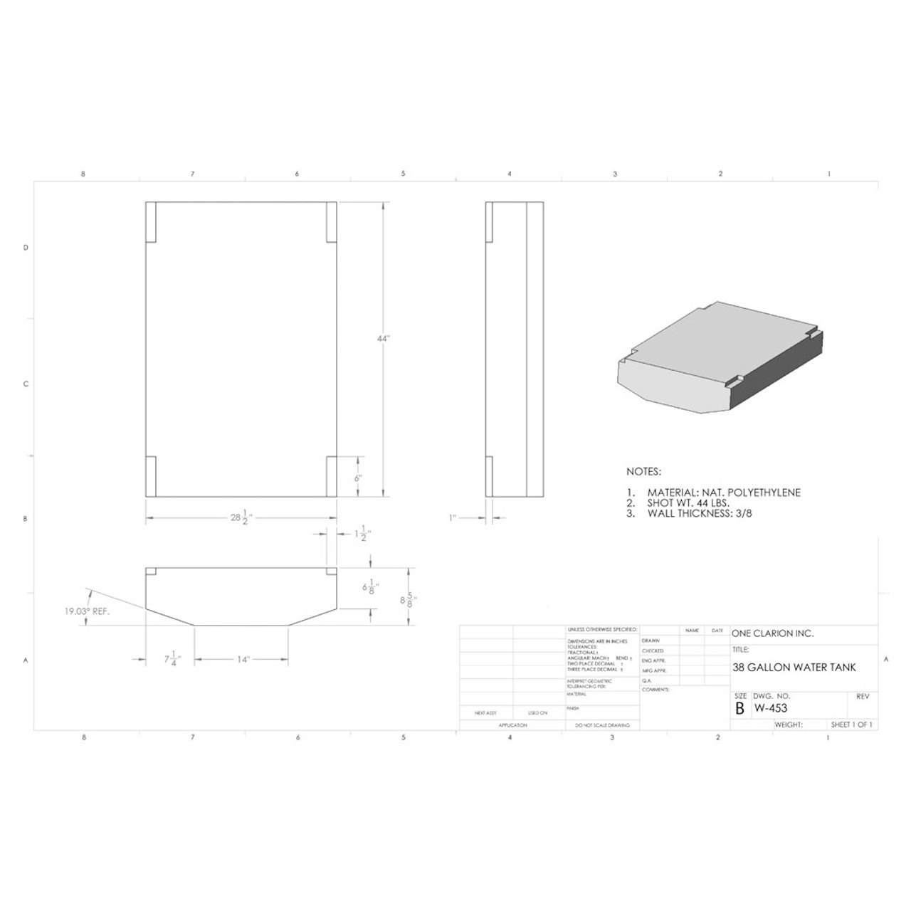 38 Gallon RV Water Tank W-453. Technical drawing of a polyethylene water tank designed for your rv. 38 Gallon RV Water Tank W-453. Technical drawing of a polyethylene water tank designed for your rv.