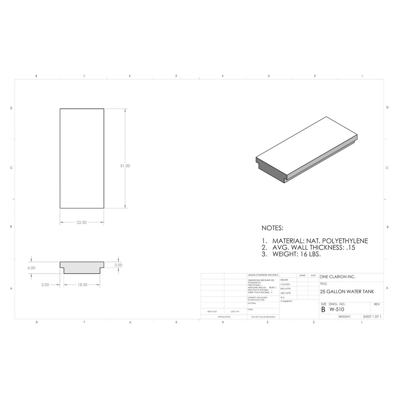 25 Gallon RV Water Tank W-510. Technical drawing of a polyethylene water tank designed for your rv.