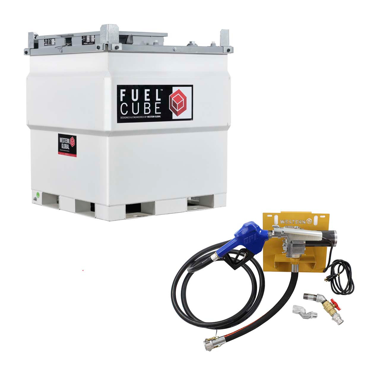 Western Global Fuel Transfer Tank FCP250: FuelCube Stationary, Double Walled 243 US Gallon Diesel Storage Tank with 115V, 12gpm Pump Kit and Level Gauge