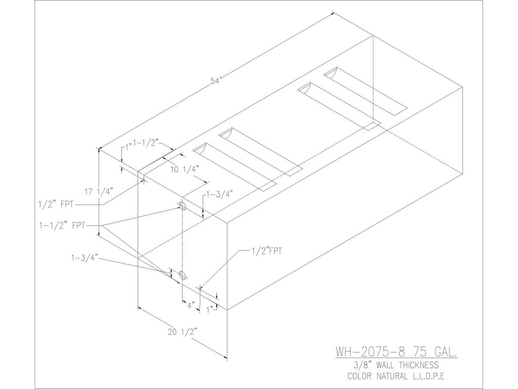 Trionic WH-2075-8 75 gallon tank drawing with dimensions and fitting locations