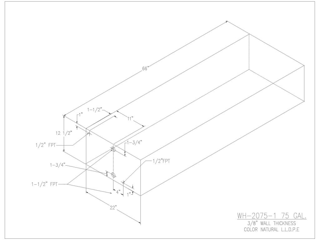 Trionic WH-2075-1 75 gallon tank drawing with dimensions and fitting locations
