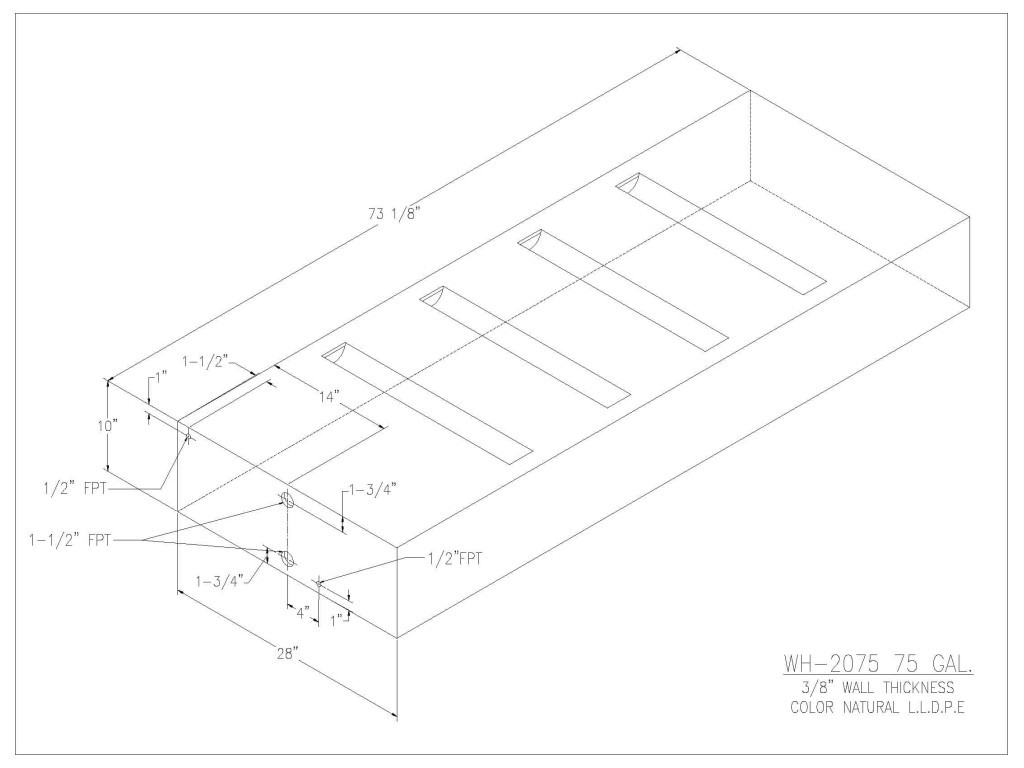Trionic WH-2075 75 gallon tank drawing with dimensions and fitting locations