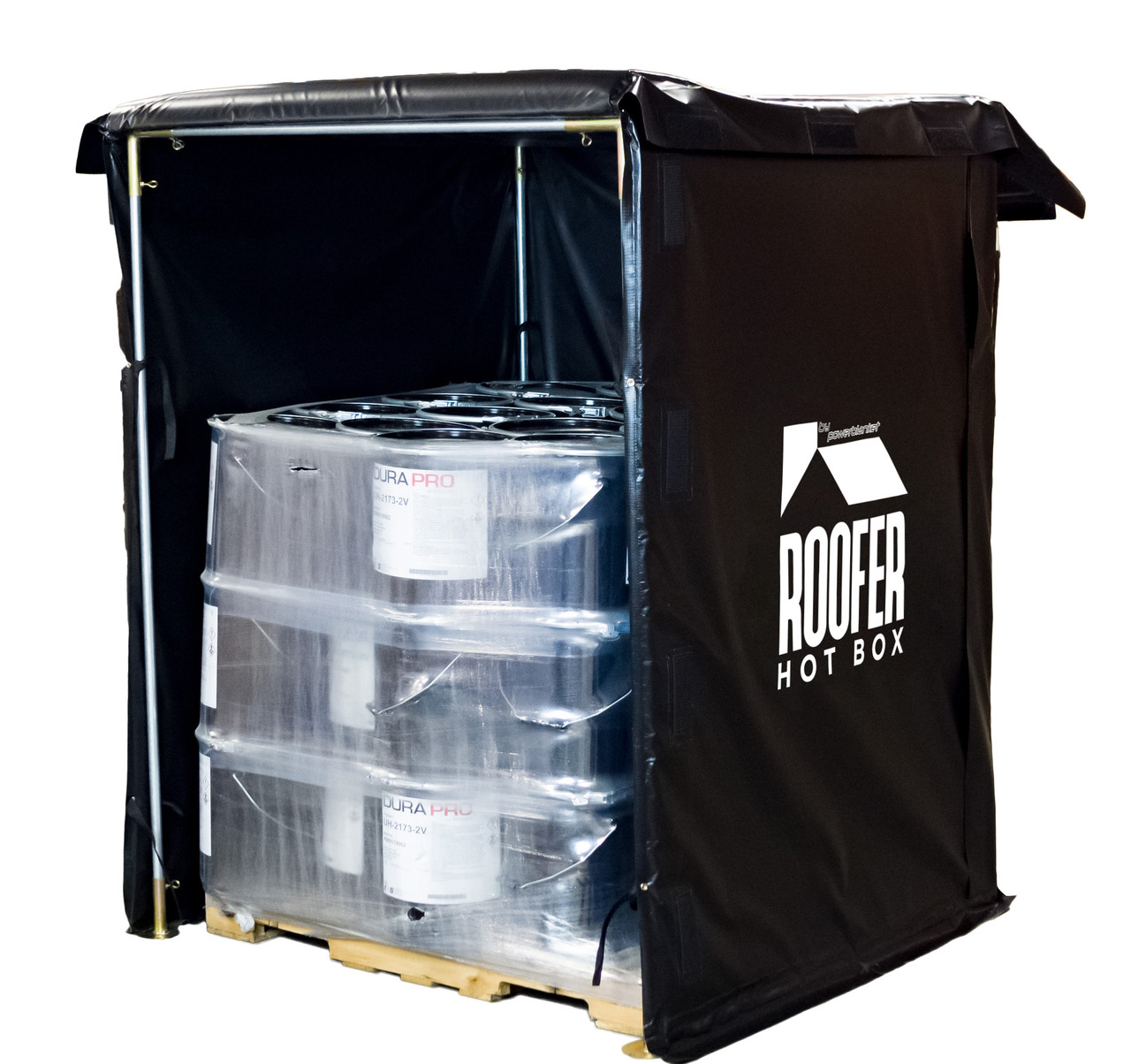 Roofer Hot Box heater storing multiple stacked containers on a wooden pallet. Roofer Hot Box heater storing multiple stacked containers on a wooden pallet.