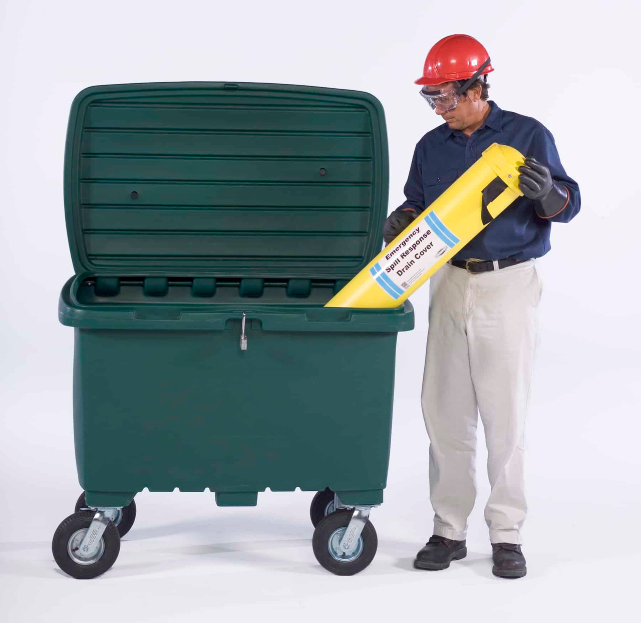 A man wearing a red hard hat and gloves loading a spill response kit into a green utility box with an open lid and durable 8-inch wheels, emphasizing mobility and functionality.