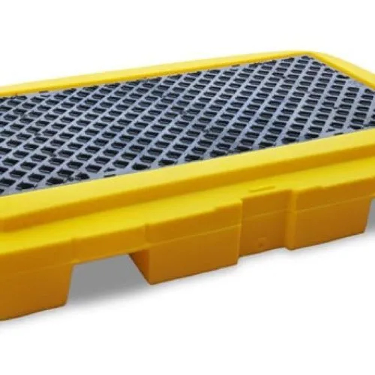 A sturdy, low-profile yellow spill containment pallet with a durable black grate, ideal for managing leaks and spills.