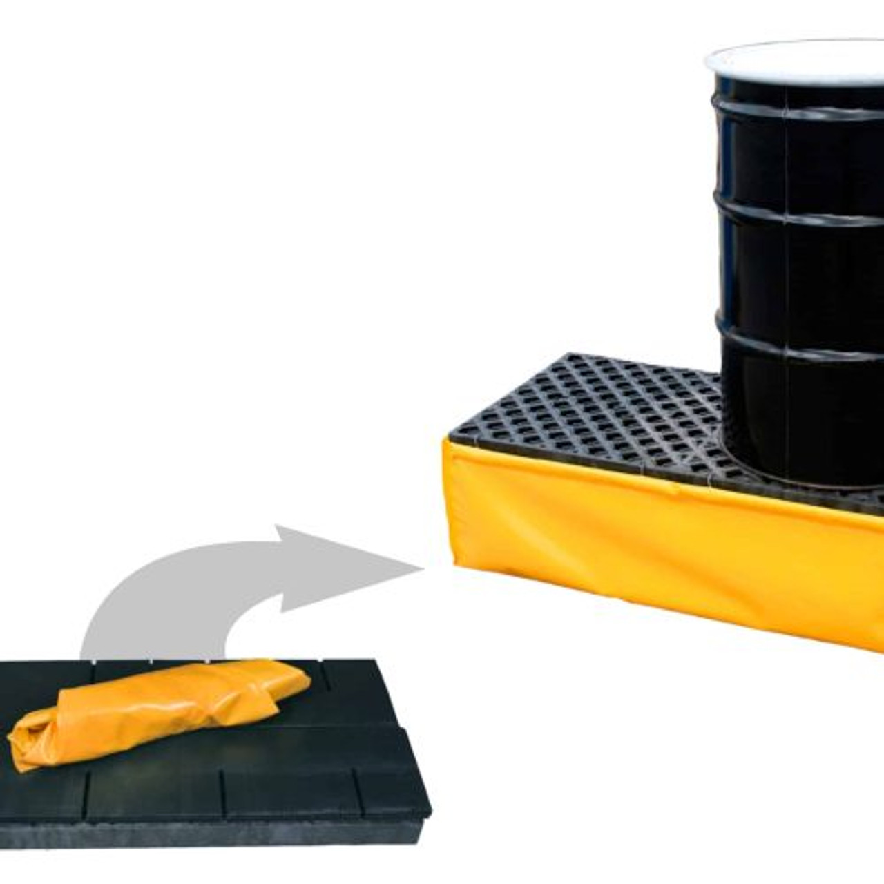 A yellow flexible spill pallet shown in use with a black drum and a folded version beside it, illustrating its portability and compact storage design.