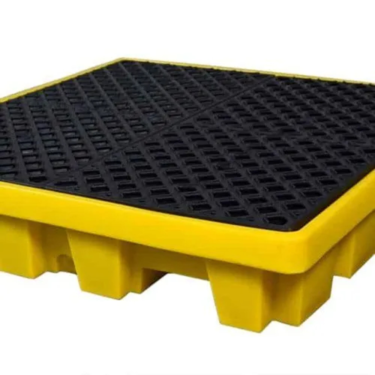 A close-up of an empty yellow nestable spill pallet with a durable grated surface designed for containing spills and leaks.