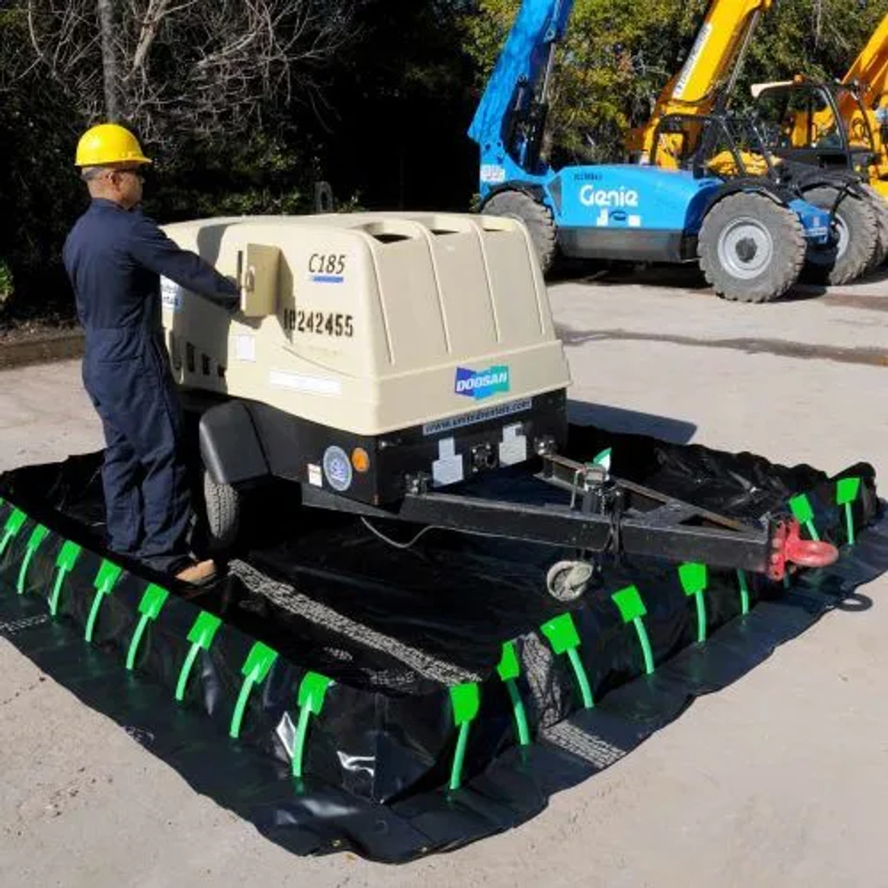 Portable containment berm for generator equipment spill containment.