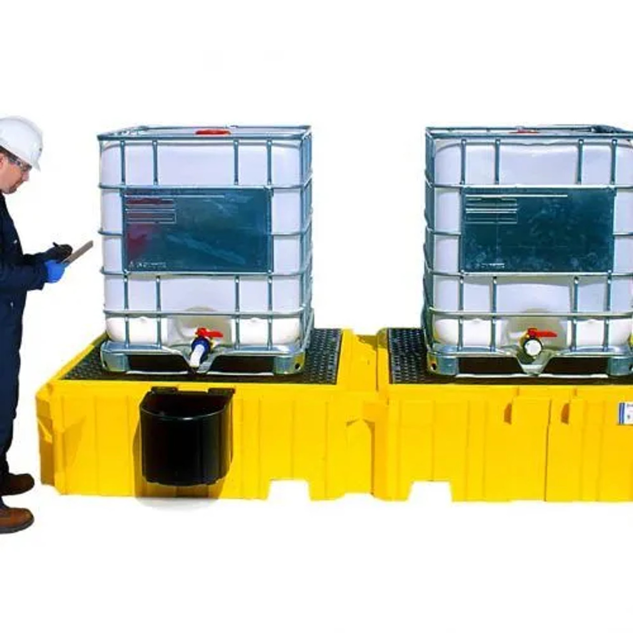 Twin IBC Spill Pallet, No Drain, securely storing two IBCs for industrial spill containment and hazardous material protection.