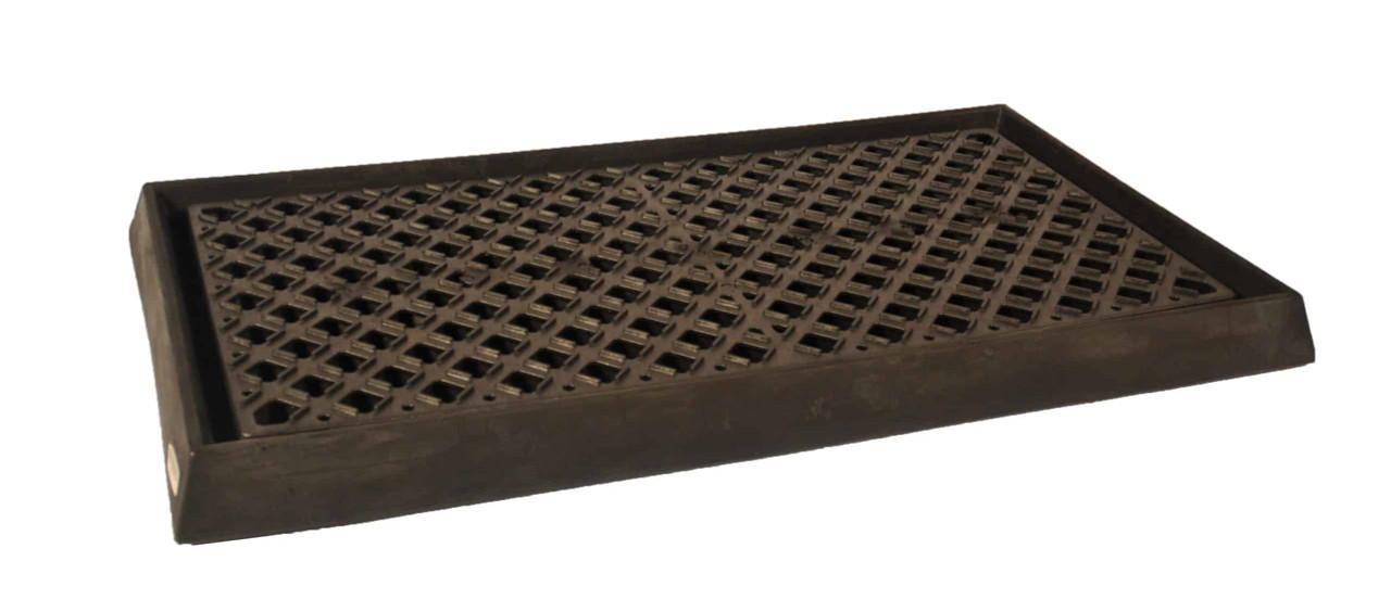 A black containment tray with a lattice-style grating on the surface, shown on a white background.