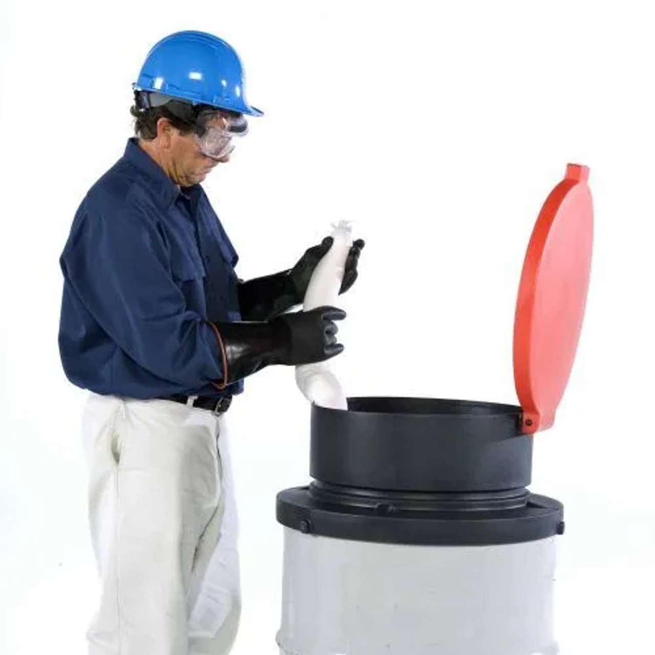 Worker using a red open head funnel on a black drum, designed for efficient liquid transfer with a wide-mouth opening and spill-resistant features.