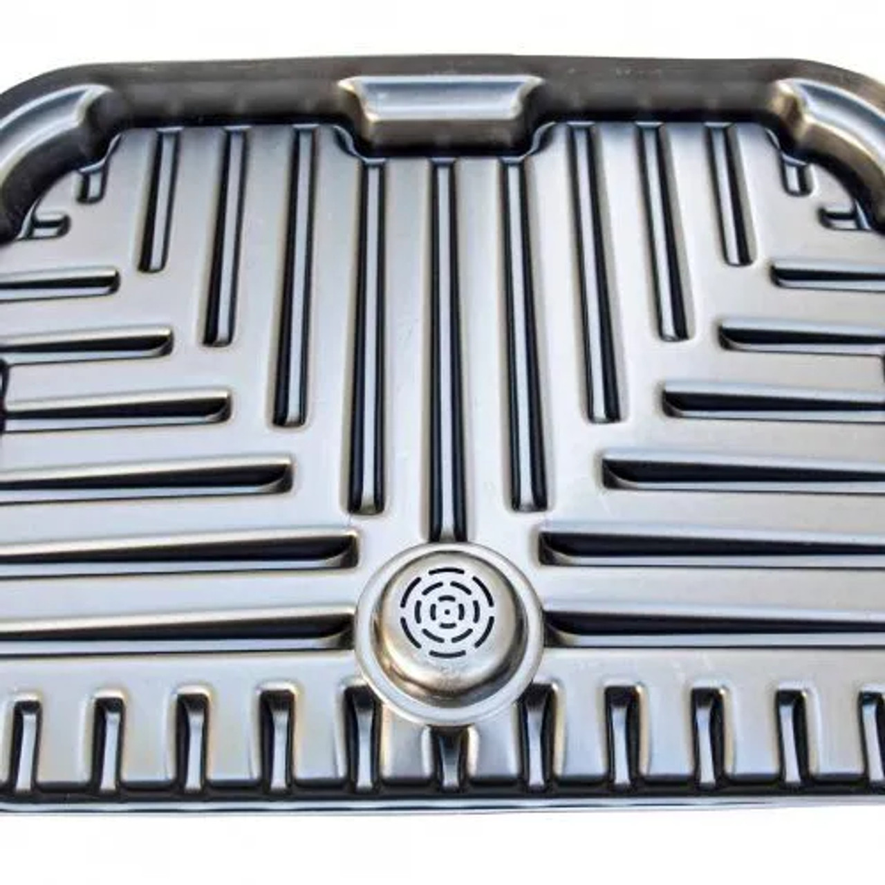 Top view of an IBC funnel with grooved texture and universal fit, showcasing its efficient design for industrial liquid transfers.