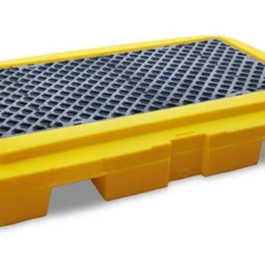 Yellow 2 drum spill plus pallet with black grated surface for capturing drum spills or leaks.