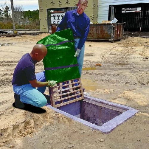 Two workers installing an Ultra-Grate Guard on a flat storm drain grate at a construction site, securing the green filter cover with hook-and-loop fasteners before placing it over the drain opening.
