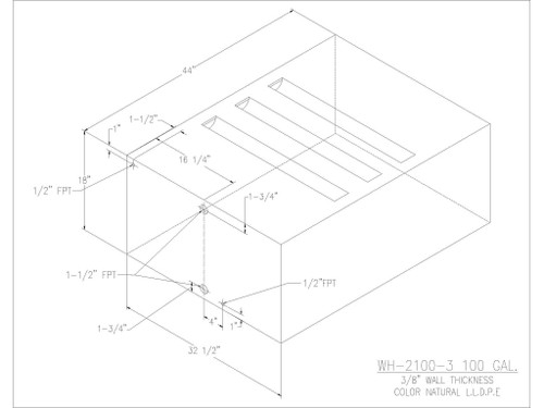 Trionic WH-2100-3 100 gallon tank drawing with dimensions and fitting locations