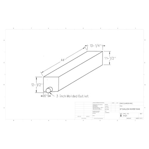27 Gallon RV Holding Tank H-21. Technical drawing of a polyethylene holding tank designed for your rv and camper.