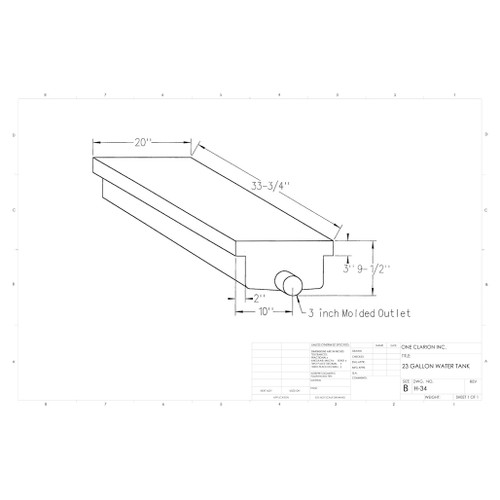 23 Gallon RV Holding Tank H-34. Technical drawing of a polyethylene holding tank designed for your rv and camper.
