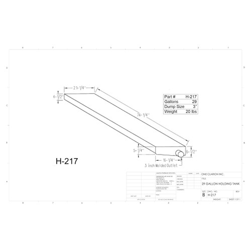 29 Gallon RV Holding Tank H-217. Technical drawing of a polyethylene holding tank designed for your rv and camper.
