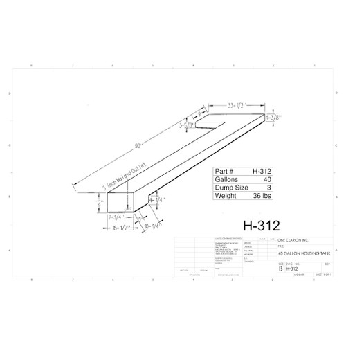 40 Gallon RV Holding Tank H.312 . Technical drawing of a polyethylene holding tank designed for your rv and camper. 40 Gallon RV Holding Tank H.312 . Technical drawing of a polyethylene holding tank designed for your rv and camper.
