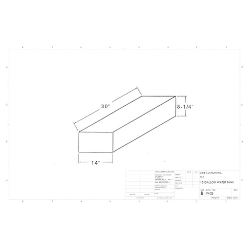 13 Gallon Marine Water Tank MW-28. Technical drawing of a polyethylene water tank designed for marine vessels.