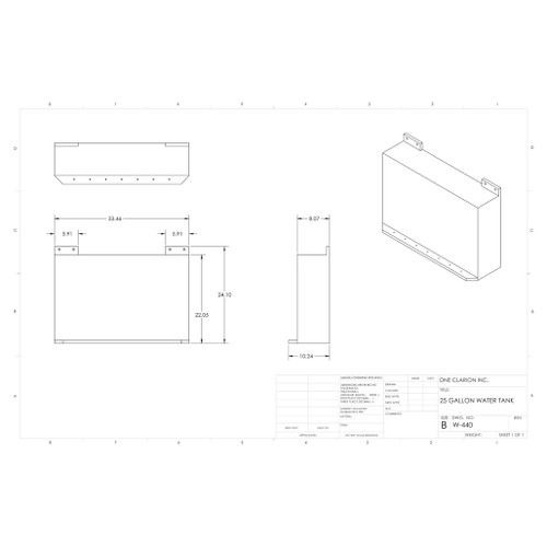 26 Gallon Marine Water Tank MW-440. Technical drawing of a polyethylene water tank designed for marine vessels.
