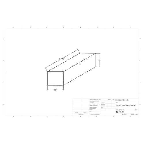 28 Gallon Marine Water Tank MW-207. Technical drawing of a polyethylene water tank designed for marine vessels.