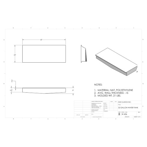38 Gallon Marine Water Tank MW-406. Technical drawing of a polyethylene water tank designed for marine vessels.