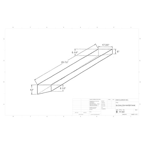 56 Gallon Marine Water Tank MW-360. Technical drawing of a polyethylene water tank designed for marine vessels.