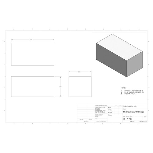 57 Gallon RV Water Tank W-467. Technical drawing of a polyethylene water tank designed for your rv.