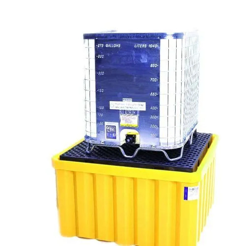 IBC Spill Pallet with Pullover Cover, showcasing its durable and weather-resistant design for secure protection in industrial settings.