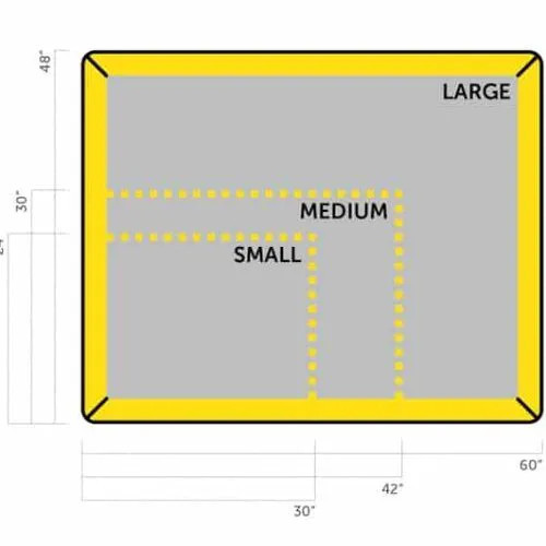 Diagram of a 30 x 24-inch filter pad highlighting dimensions and design features for efficient liquid handling and workspace safety.