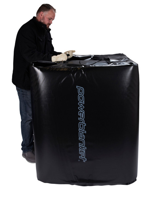 Side view of a Powerblanket 250-gallon IBC tank heater with clear branding. Side view of a Powerblanket 250-gallon IBC tank heater with clear branding.