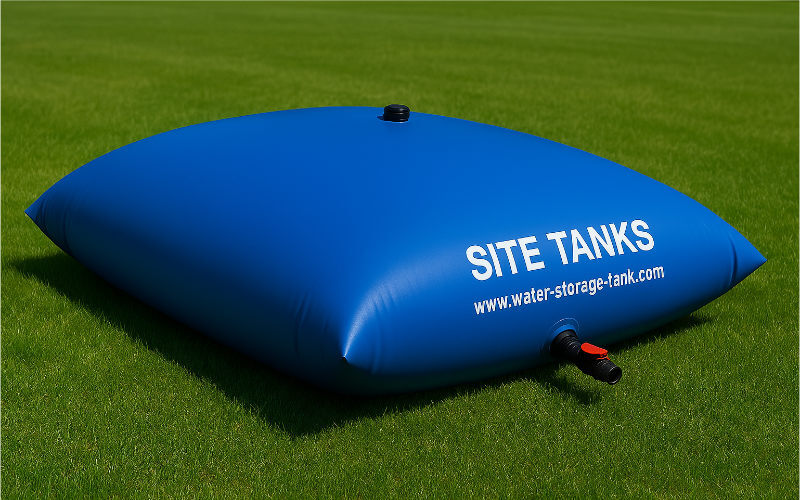 an illustration of a filled blue pollow tank (bladder tank) deployed on the grass