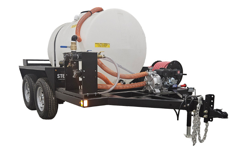 525-gallon water trailer with dual-axle frame, high-flow pump, and hose reel—built for construction, irrigation, and dust control applications.