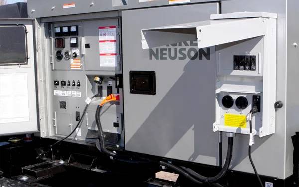 External view of a Wacker Neuson generator with power outlets and control panel, designed for industrial use