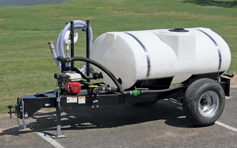 550 Arena Water Trailer featuring a 550-gallon water tank with a hose reel for spraying