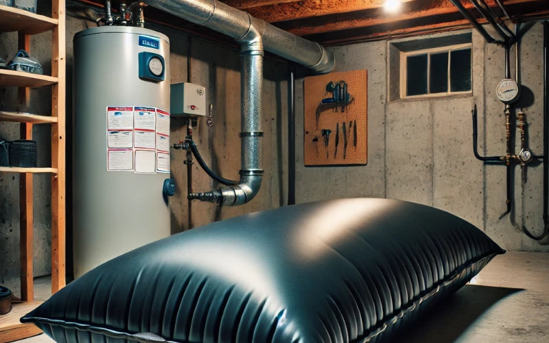 an illustration of ablack pillow tank filled in a floor basement
