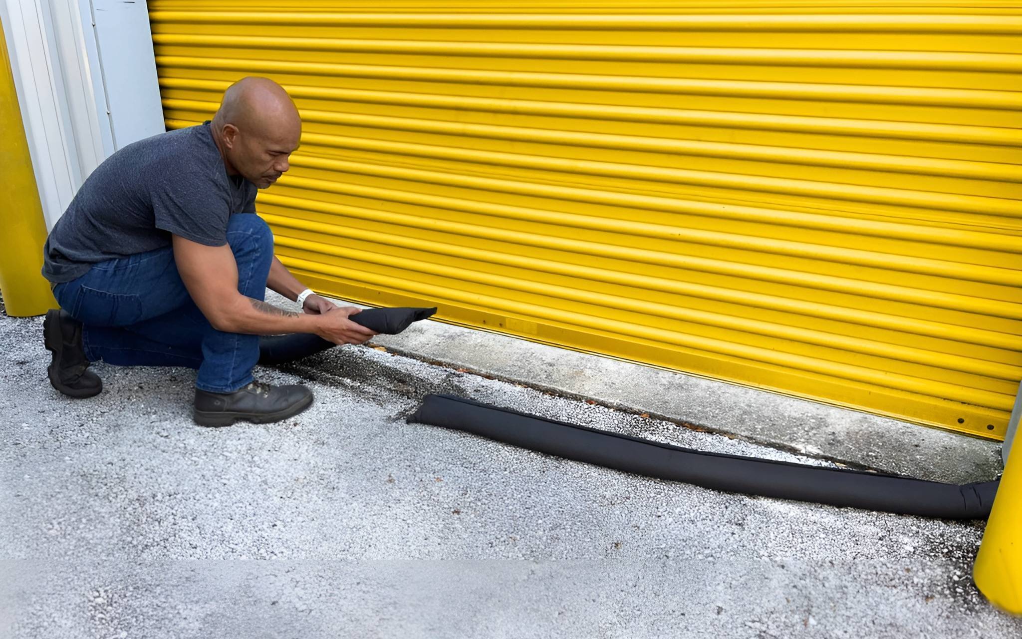 Man installing flood stopper barrier at yellow warehouse door