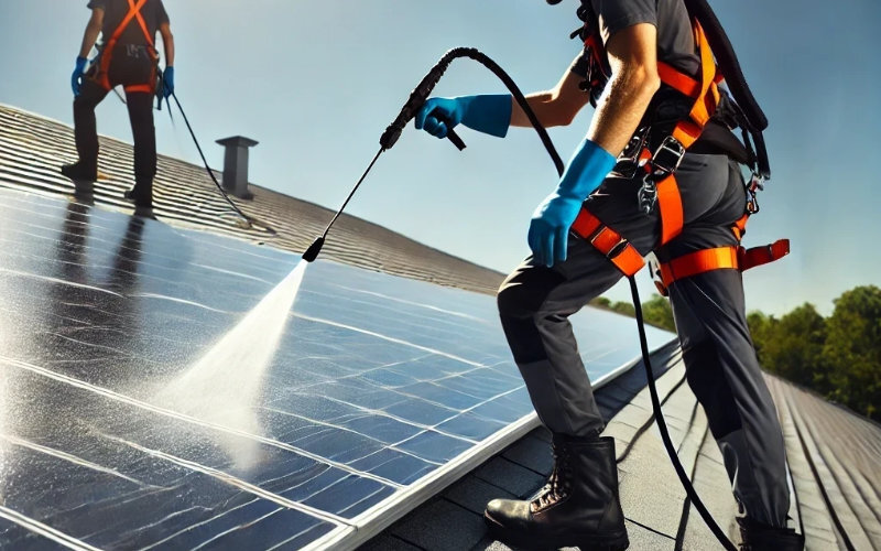 Image of a man washing a solar panel installed on the roof, using a water tank trailer