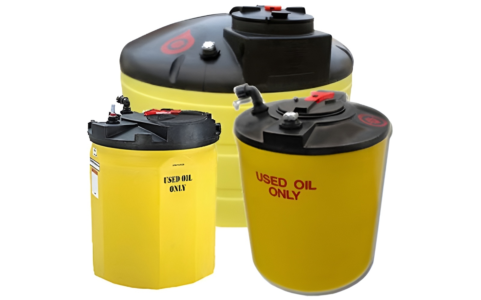 Three yellow used oil storage containers with black lids, labeled 'Used Oil Only,' in various sizes for safe oil disposal.