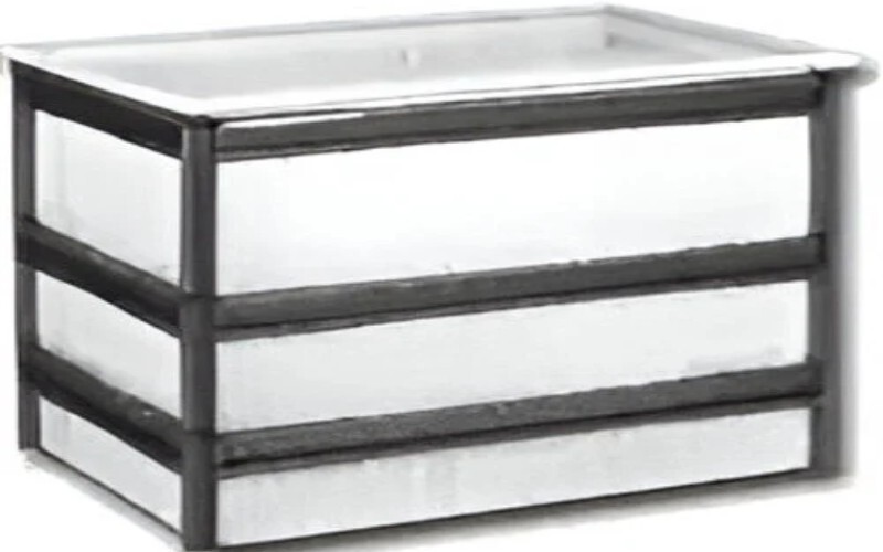 A rectangular plastic tank with stainless steel frames.