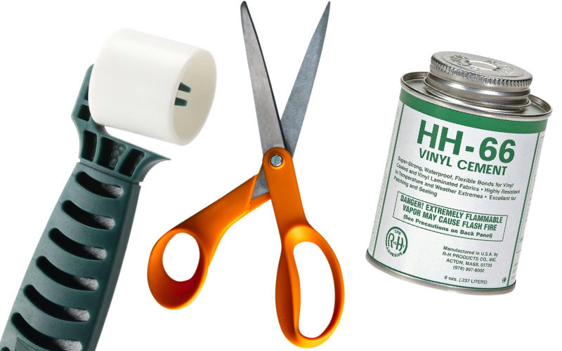 a plastic seam roller, a scissors, and vinyl cement